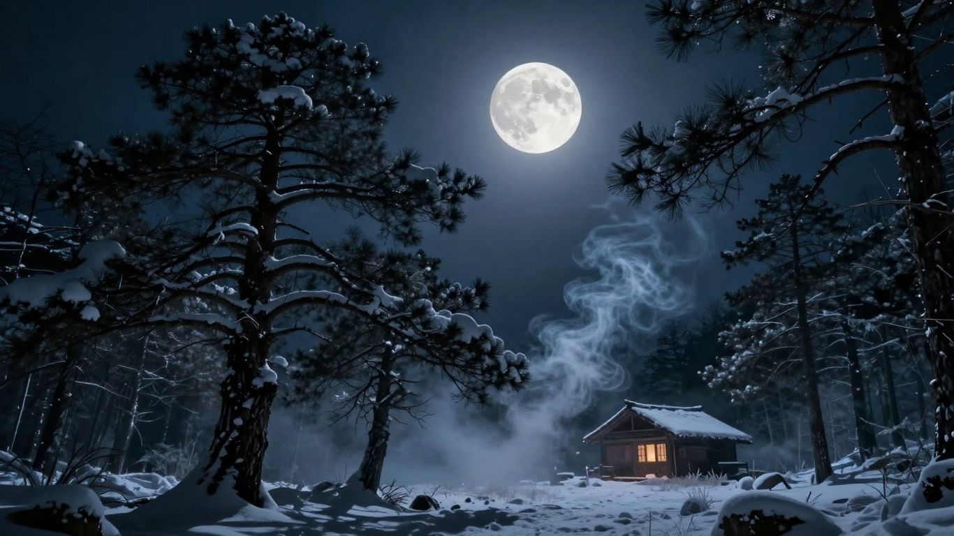 Mystische Winternacht mit Vollmond und Kiefern.