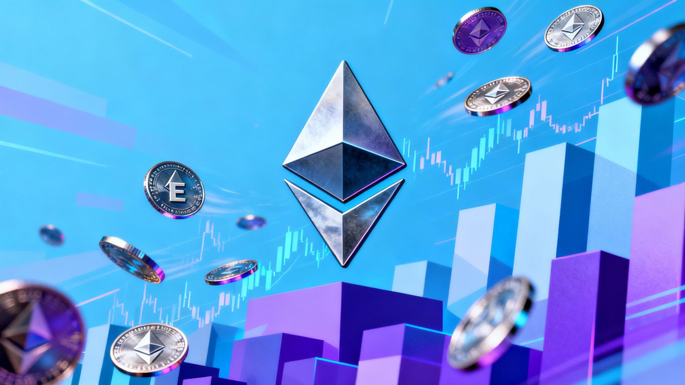 Ethereum logo with coins and financial background.