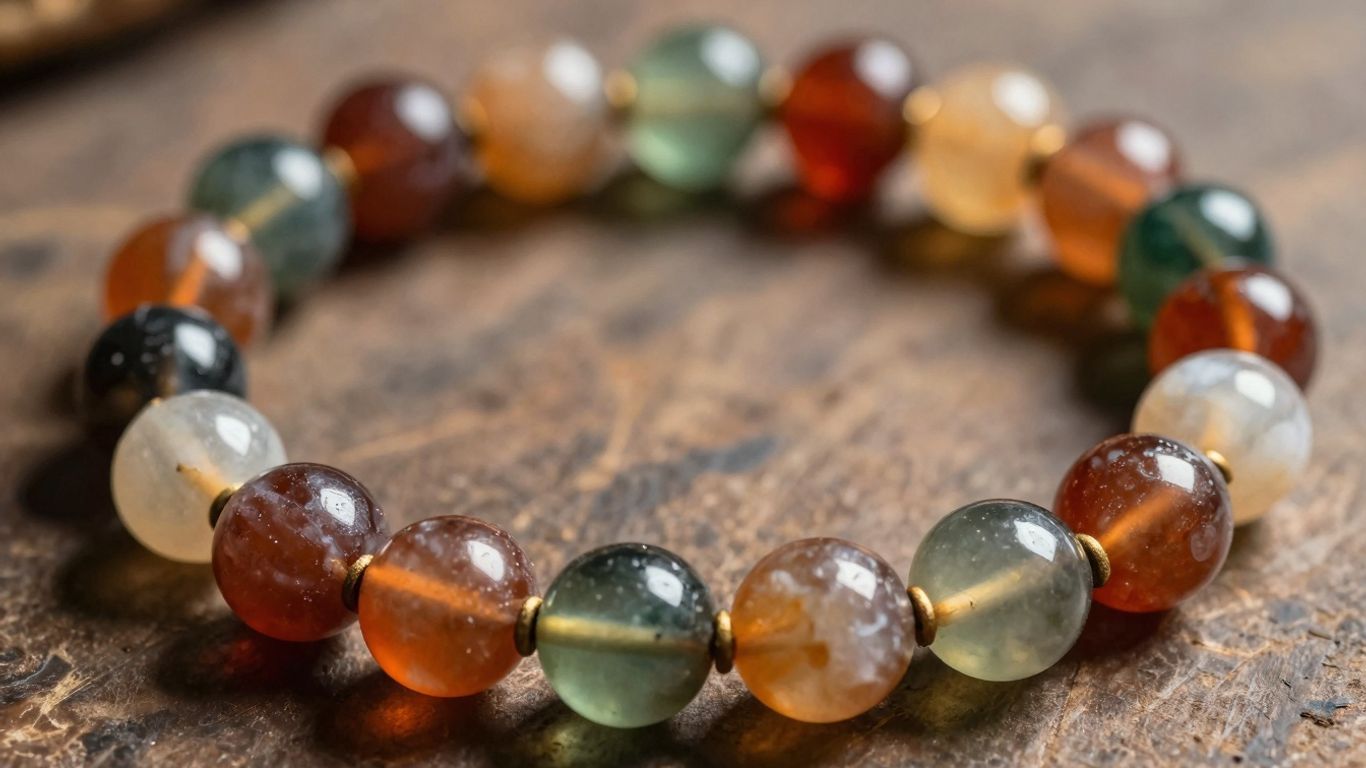 Navaratna mala with nine colorful semi-precious gemstones.