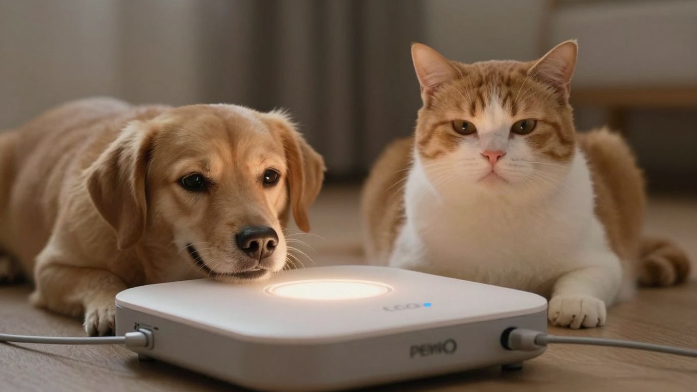 Pets relaxing near advanced therapeutic equipment.