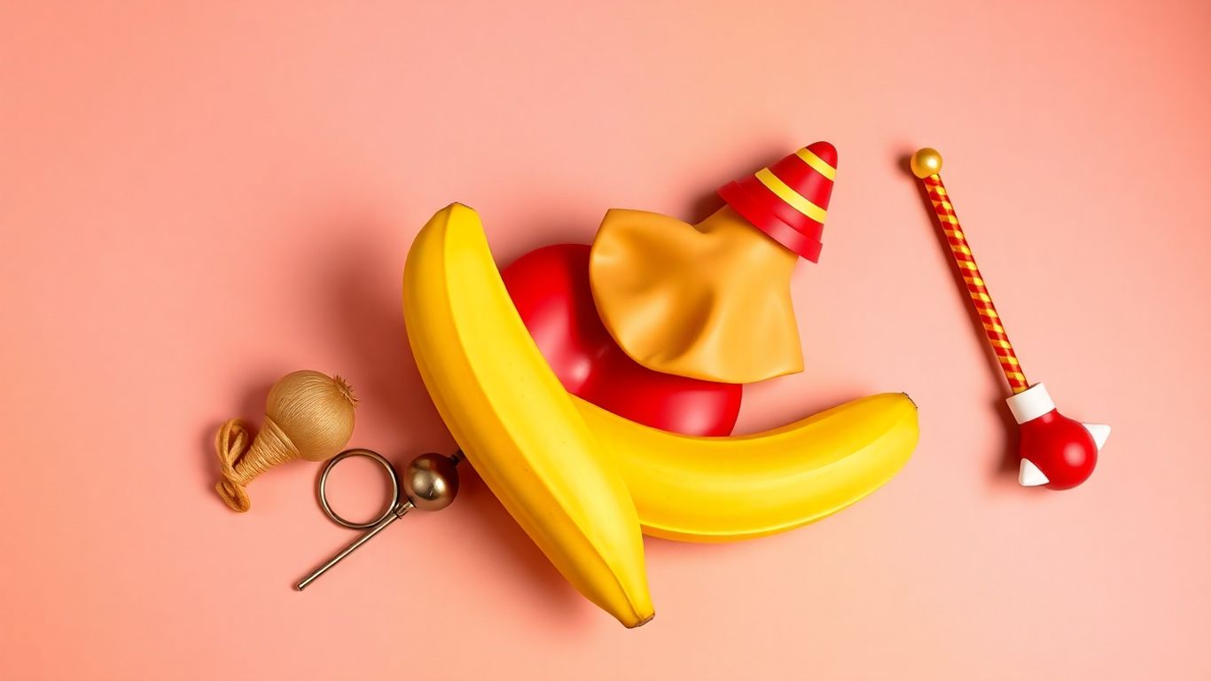 Comedy props: rubber chicken, whoopee cushion, banana peel, juggling pin, clown nose.
