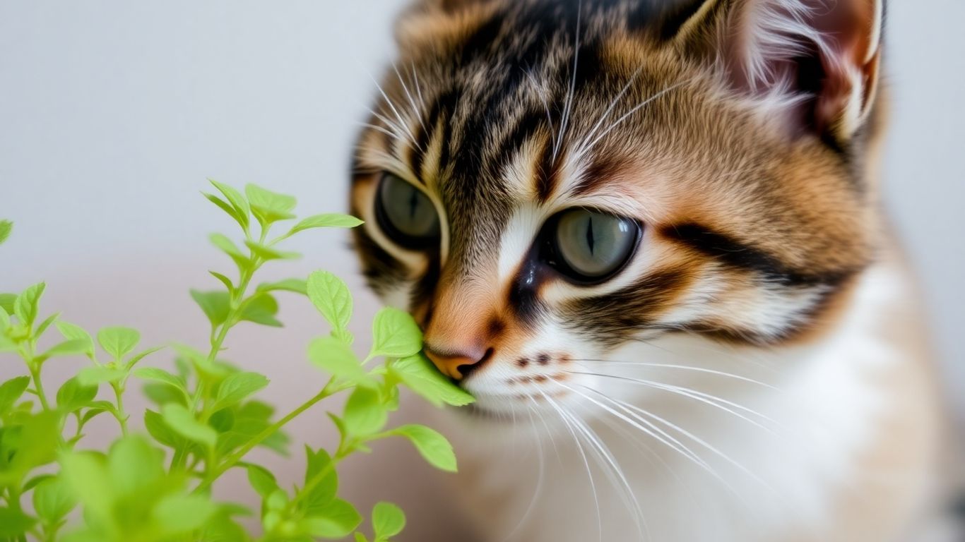Gato perto de planta com folhas verdes