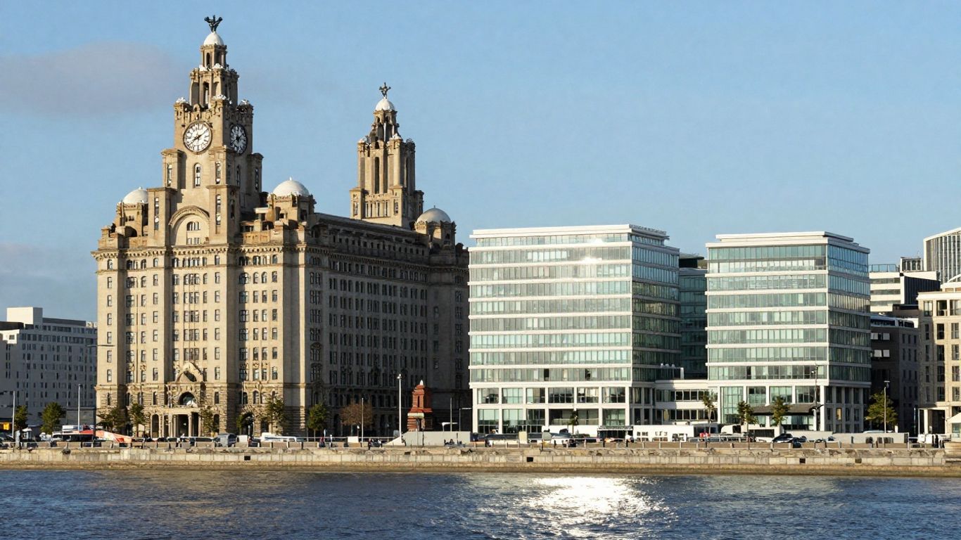 Liverpool cityscape with modern buildings and waterfront.