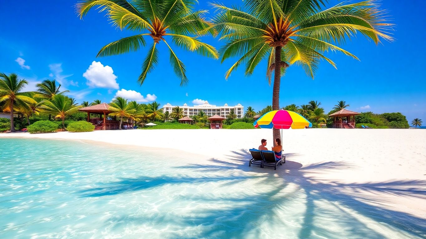 Couple relaxing on a tropical beach vacation.