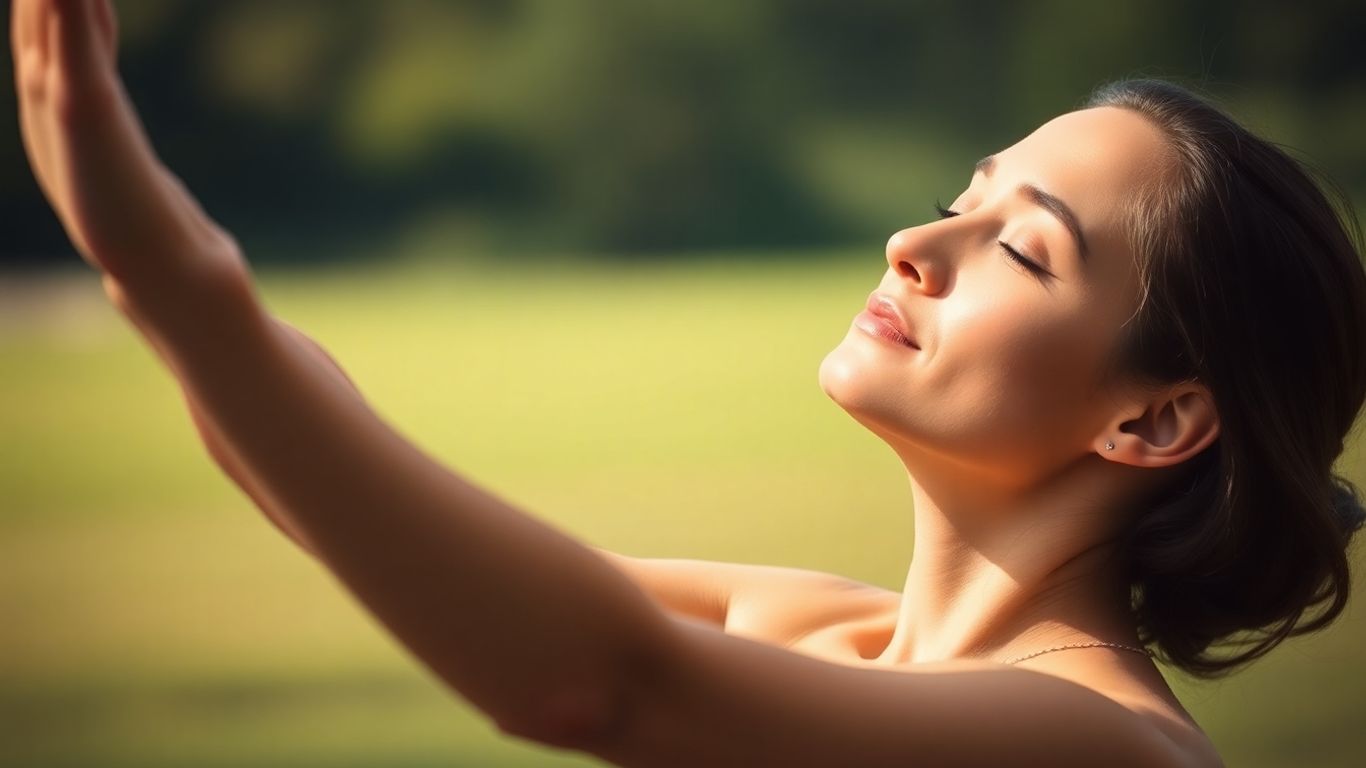 Woman in peaceful yoga pose outdoors.