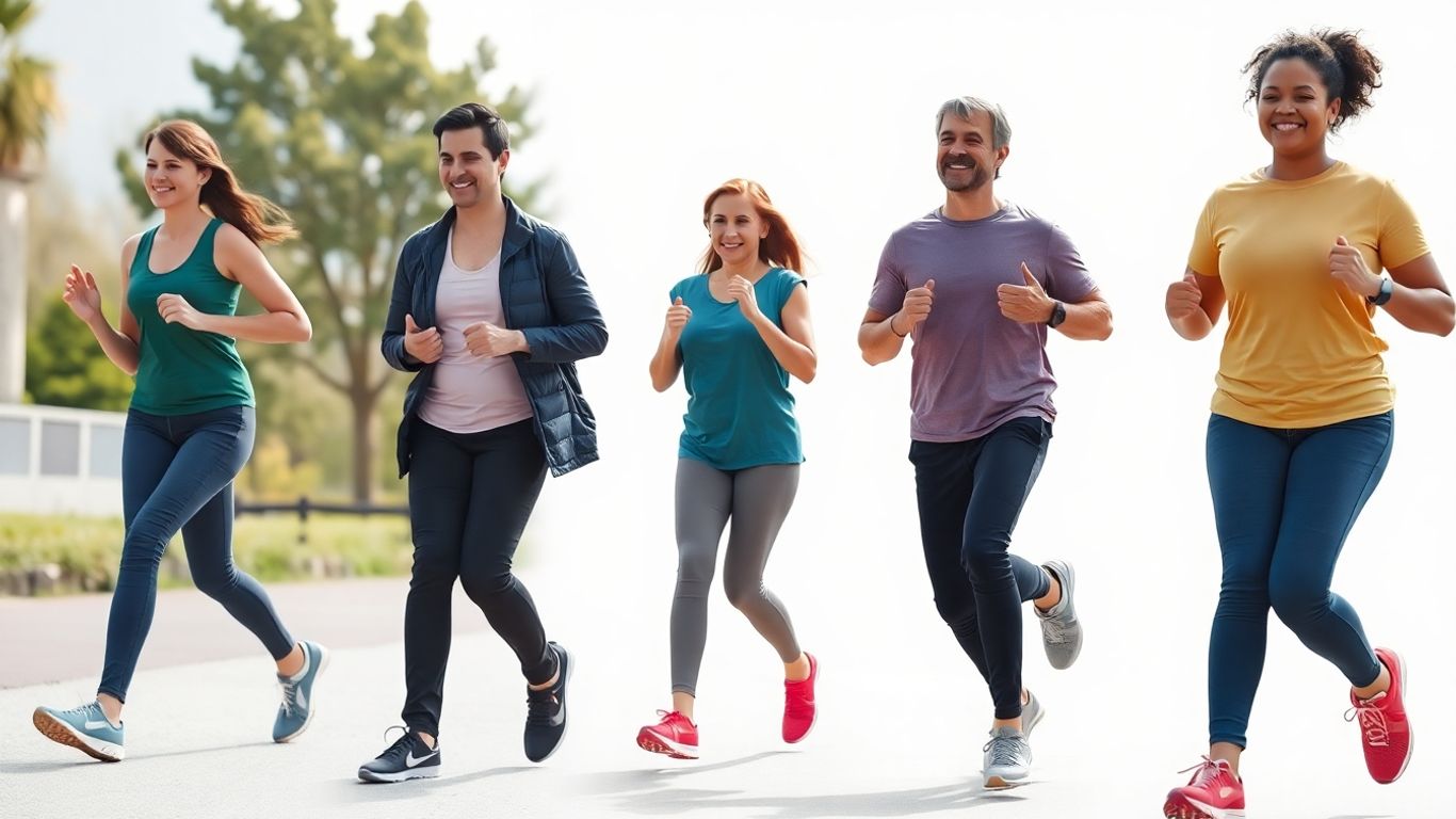 People exercising with weights and walking outdoors.