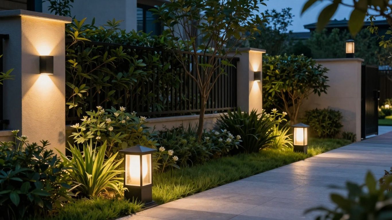 Modern garden illuminated by sleek outdoor lighting fixtures.