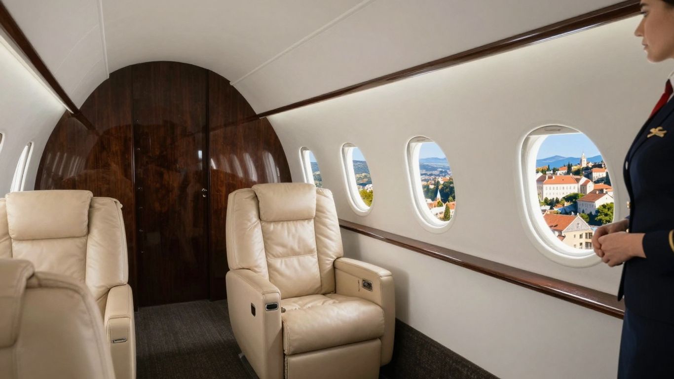 Luxury private jet interior with European scenery outside window.