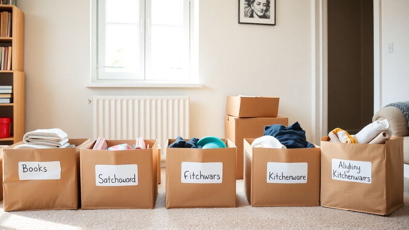 Five organised boxes for home decluttering on floor