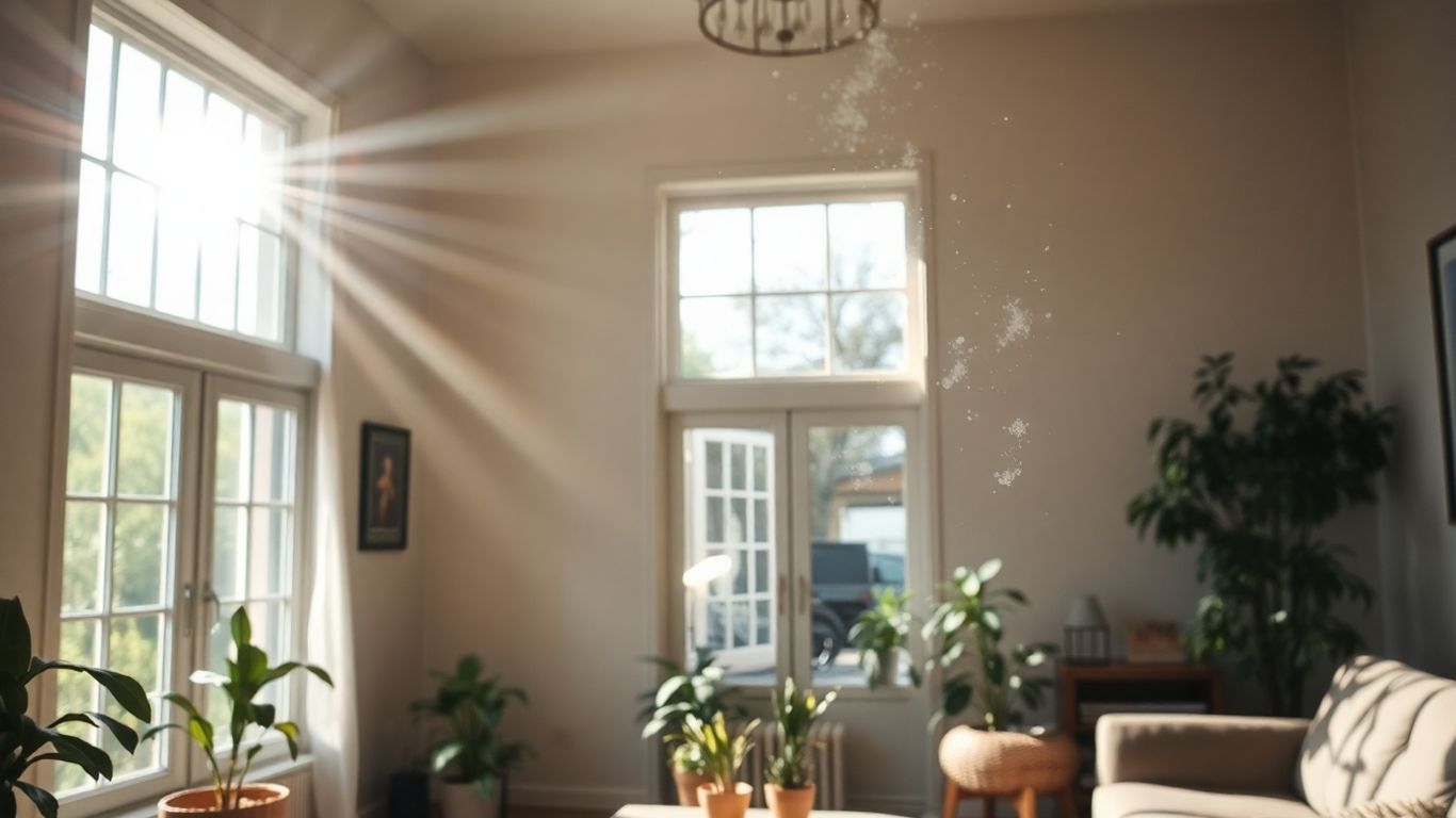 Salon avec particules de poussière dans la lumière du soleil