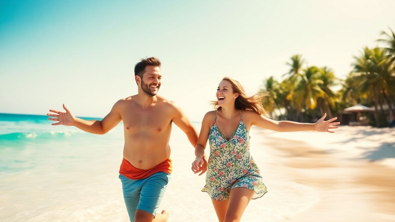 Para biegnie do oceanu na słonecznej plaży