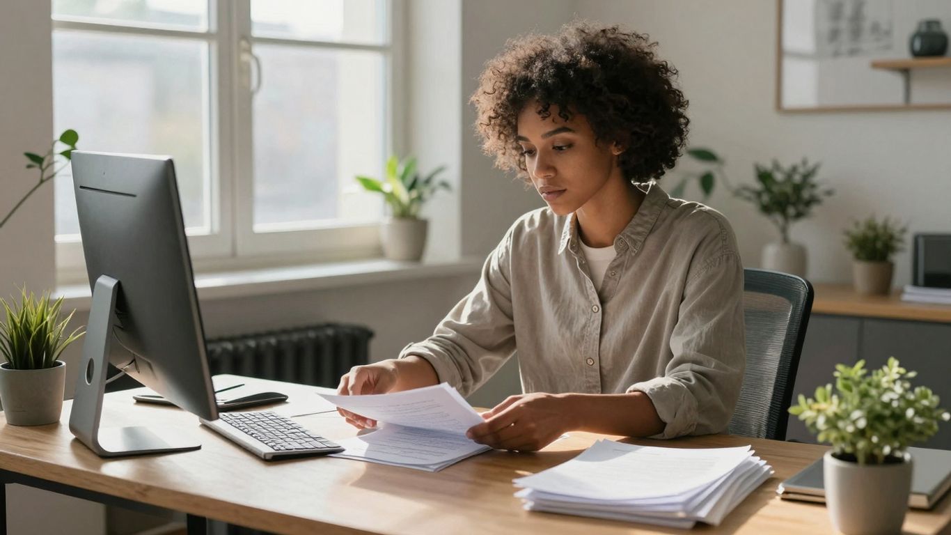 Femeie organizând biroul, calm și ordine.