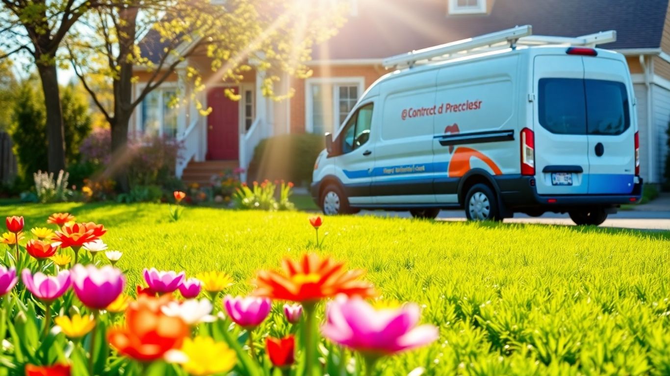 Contractor van outside a house with blooming spring flowers.