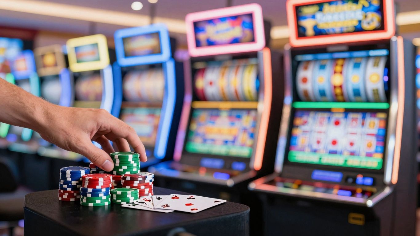 Online Casino Lobby mit Spielautomaten und Chips