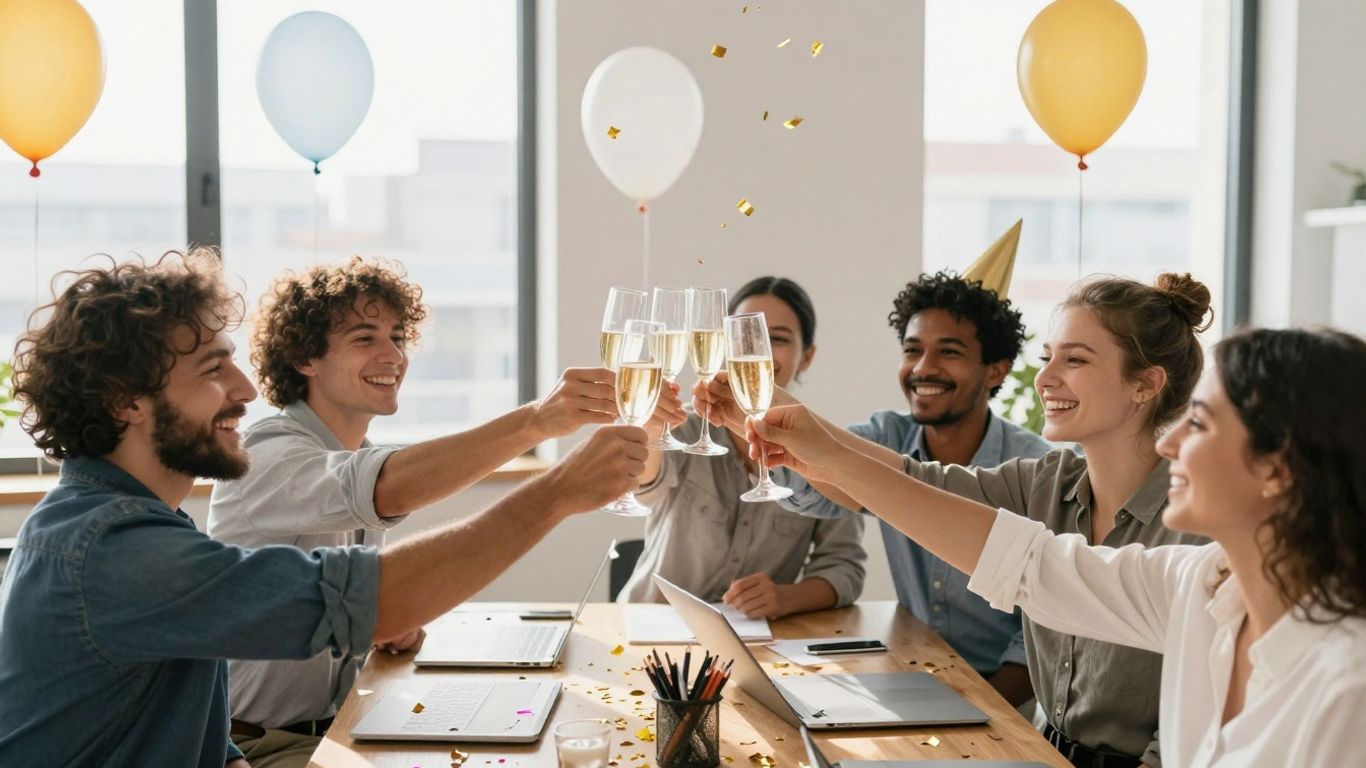 Vrolijke collega's proosten met champagne op een laatste werkdag.