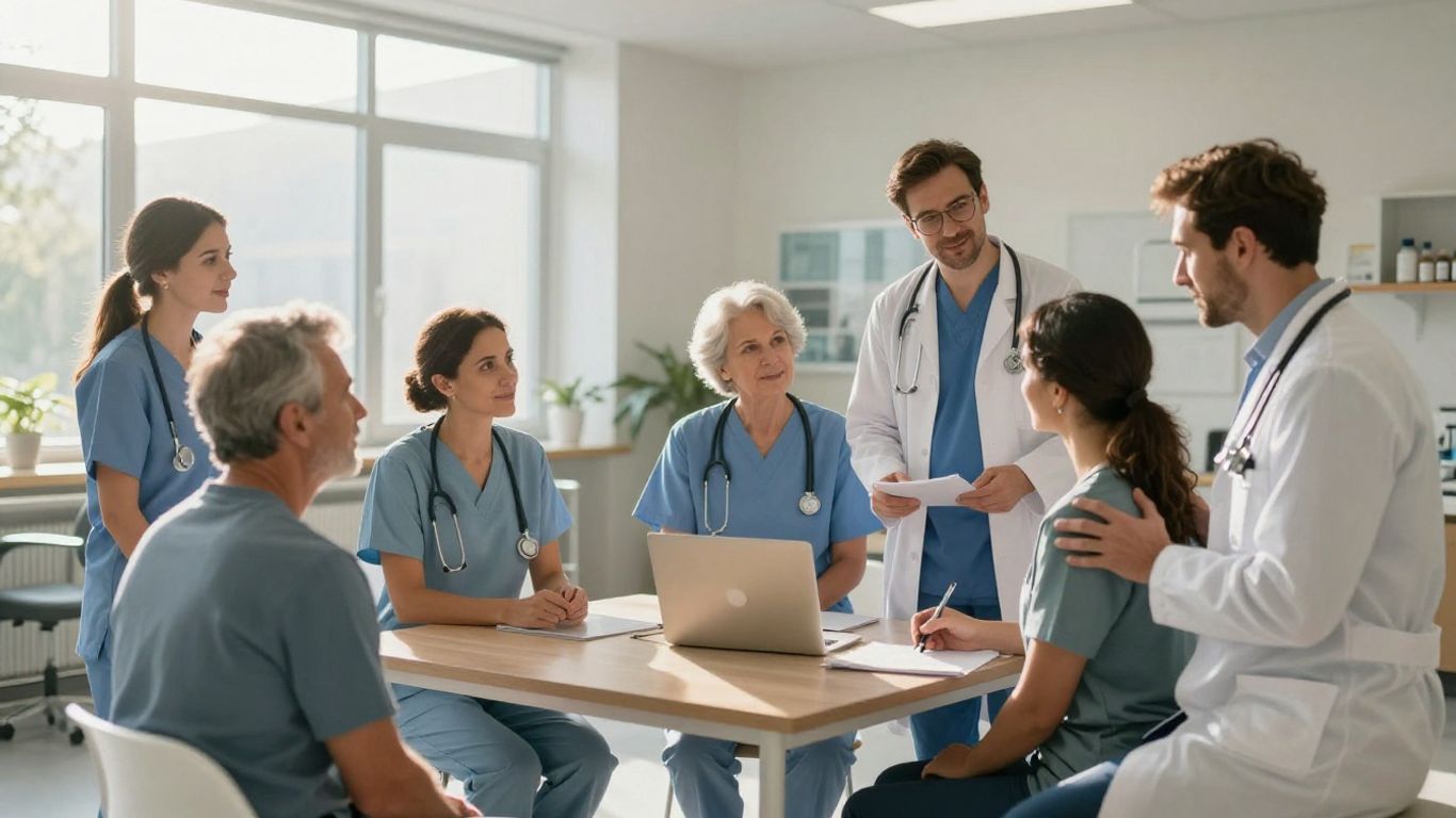 Oameni primind îngrijiri medicale într-un spital modern.