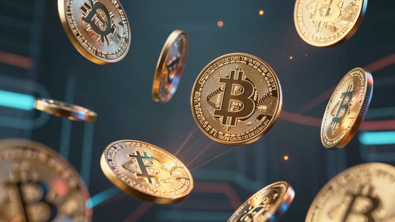 Digital cryptocurrency coins floating in a futuristic abstract background.