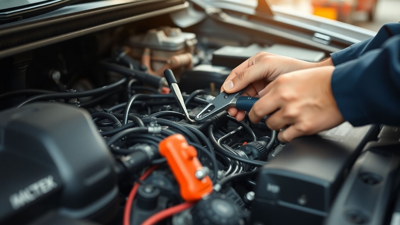 Mechanic working on car engine wiring and parts.