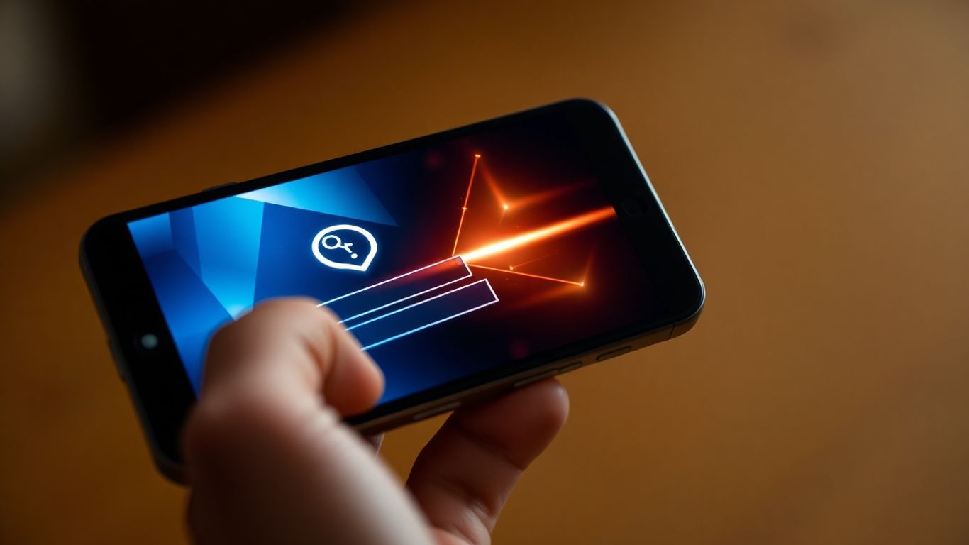 Hand holding smartphone with glowing digital login interface.