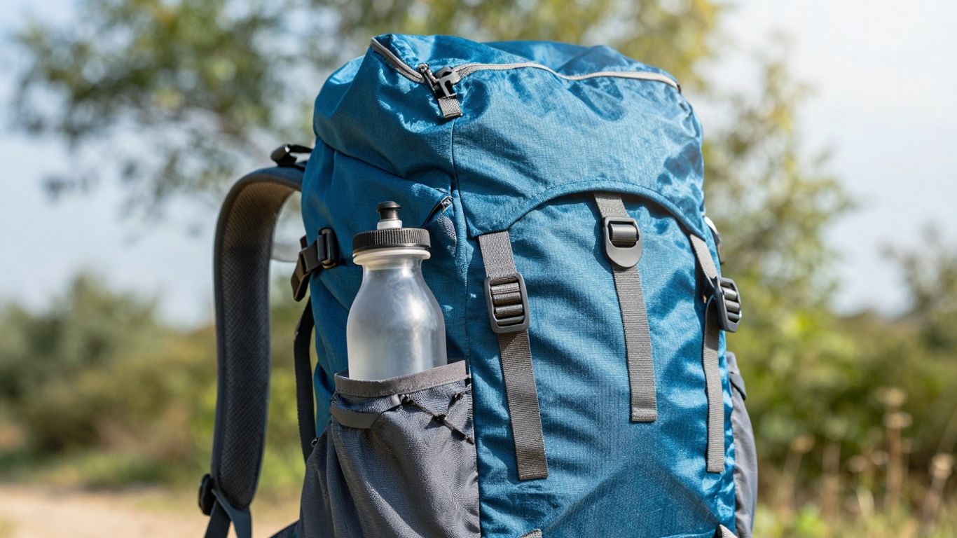 Backpack with water bottle pocket for outdoor adventures.