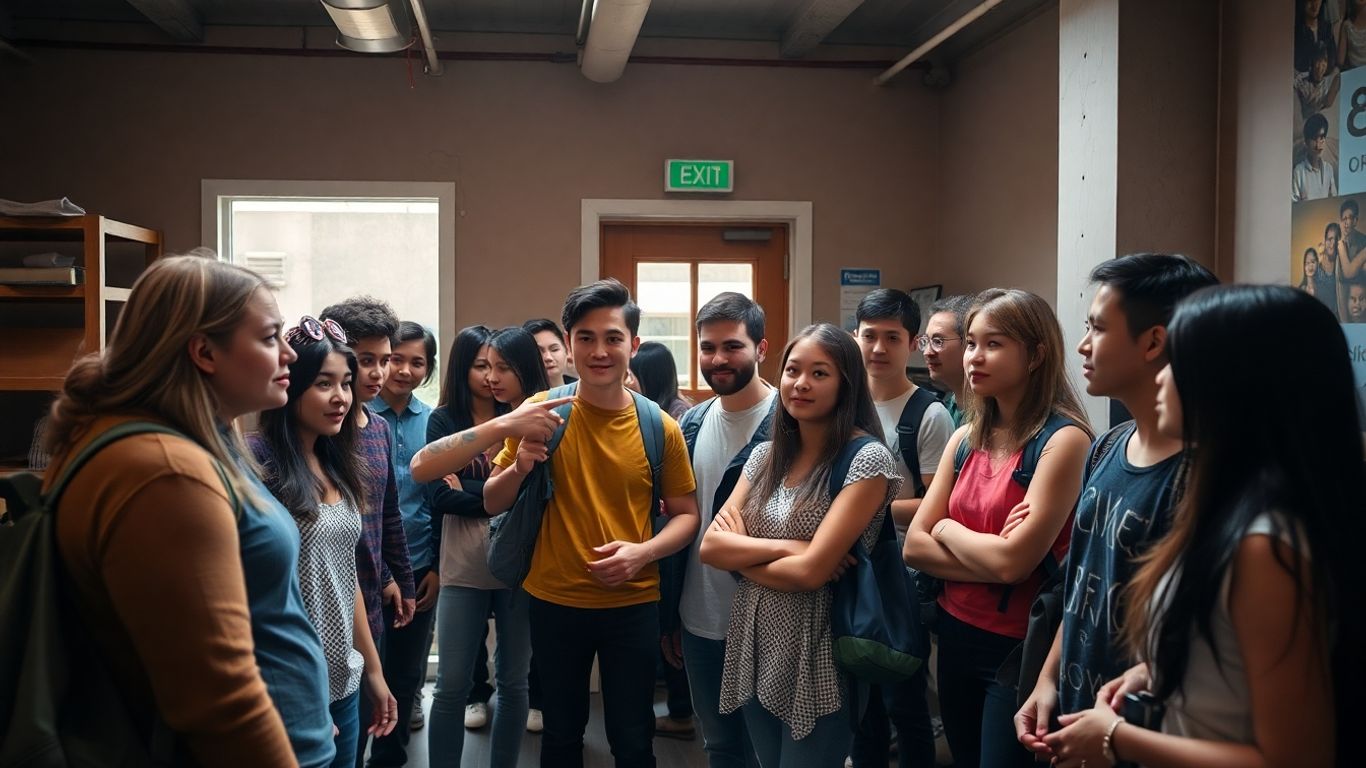 Hostel guests practicing emergency evacuation procedures calmly.