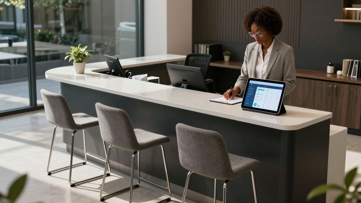 Modern clinic reception with digital tablet.