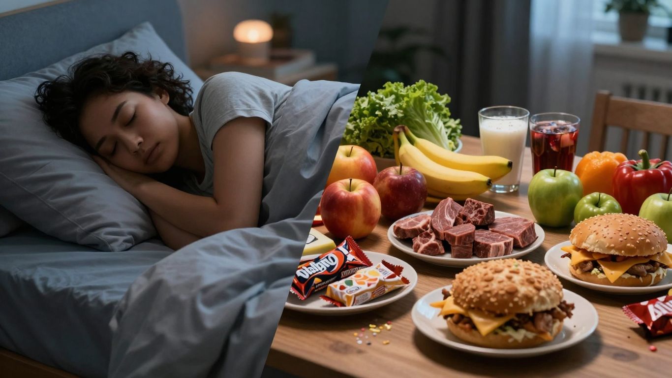 Healthy food and peaceful sleep contrasted.