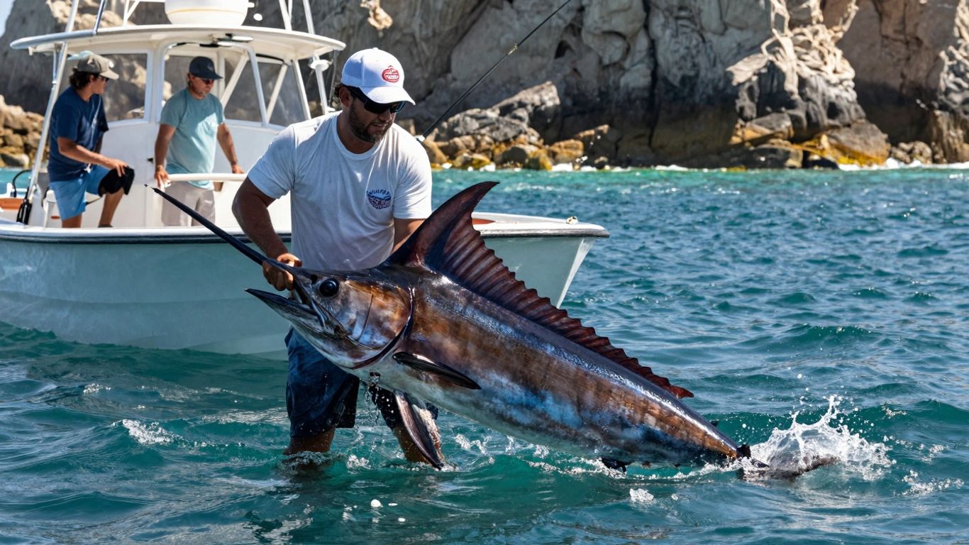 Marlin leaping from water, boat, anglers, Cabo fishing