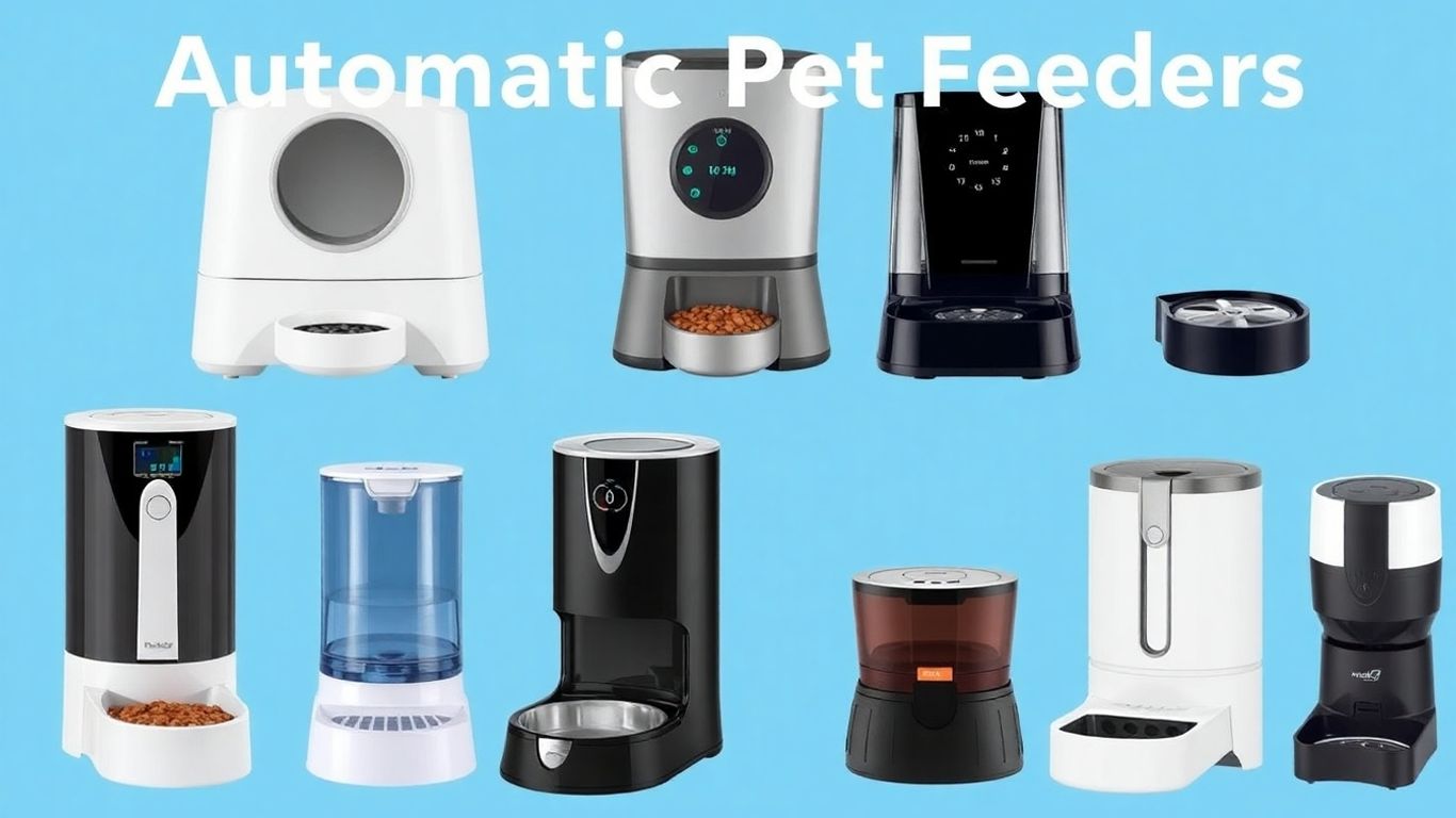 Various automatic pet feeders displayed.