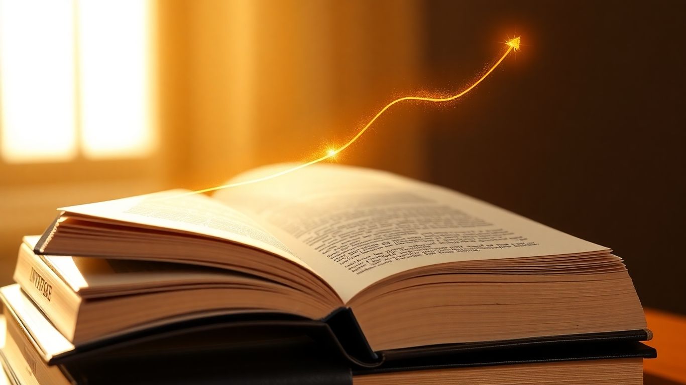 Stack of investment books with one open, golden shimmer