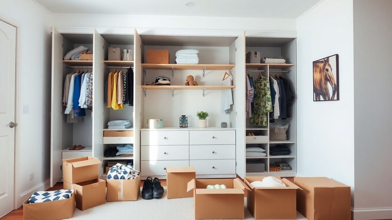 Neat bedroom with open wardrobe and moving boxes