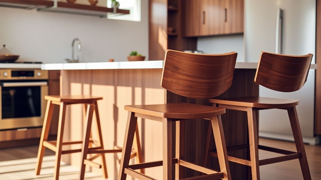 Wooden bar stools with backs in a modern kitchen.