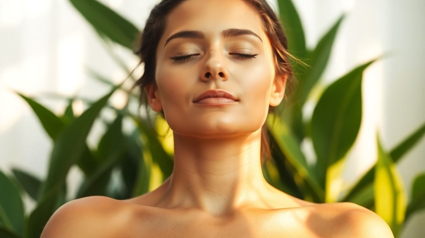 Woman in yoga pose, eyes closed, serene.