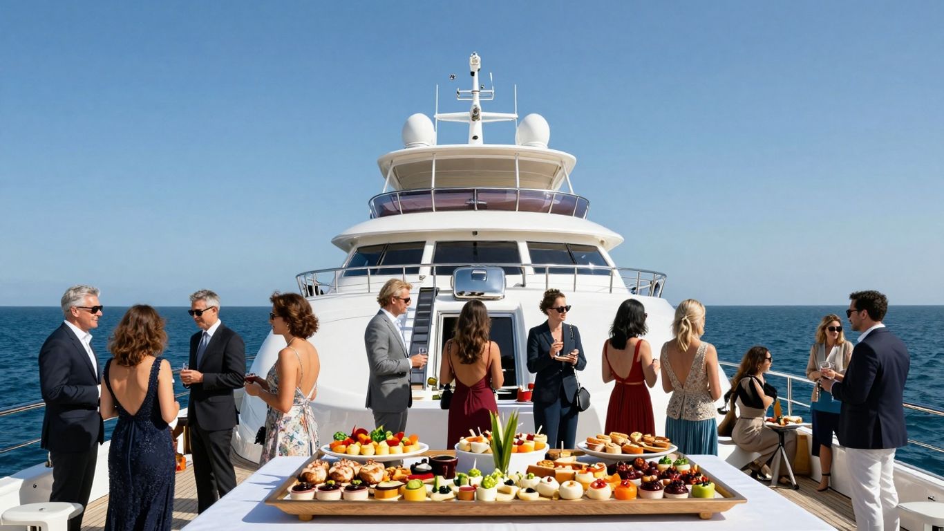 Elegant yacht birthday party with gourmet food and ocean view.