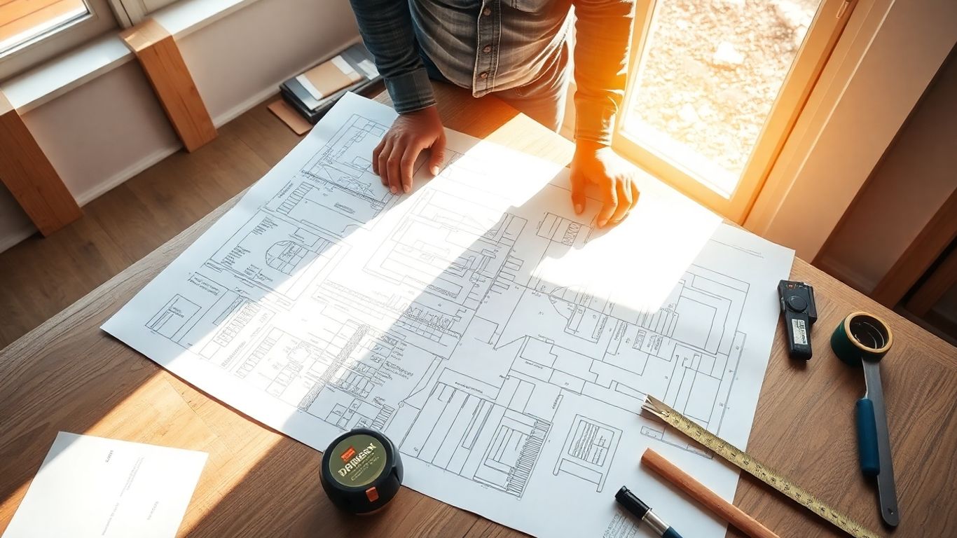 Construction worker planning project with blueprints and tools.