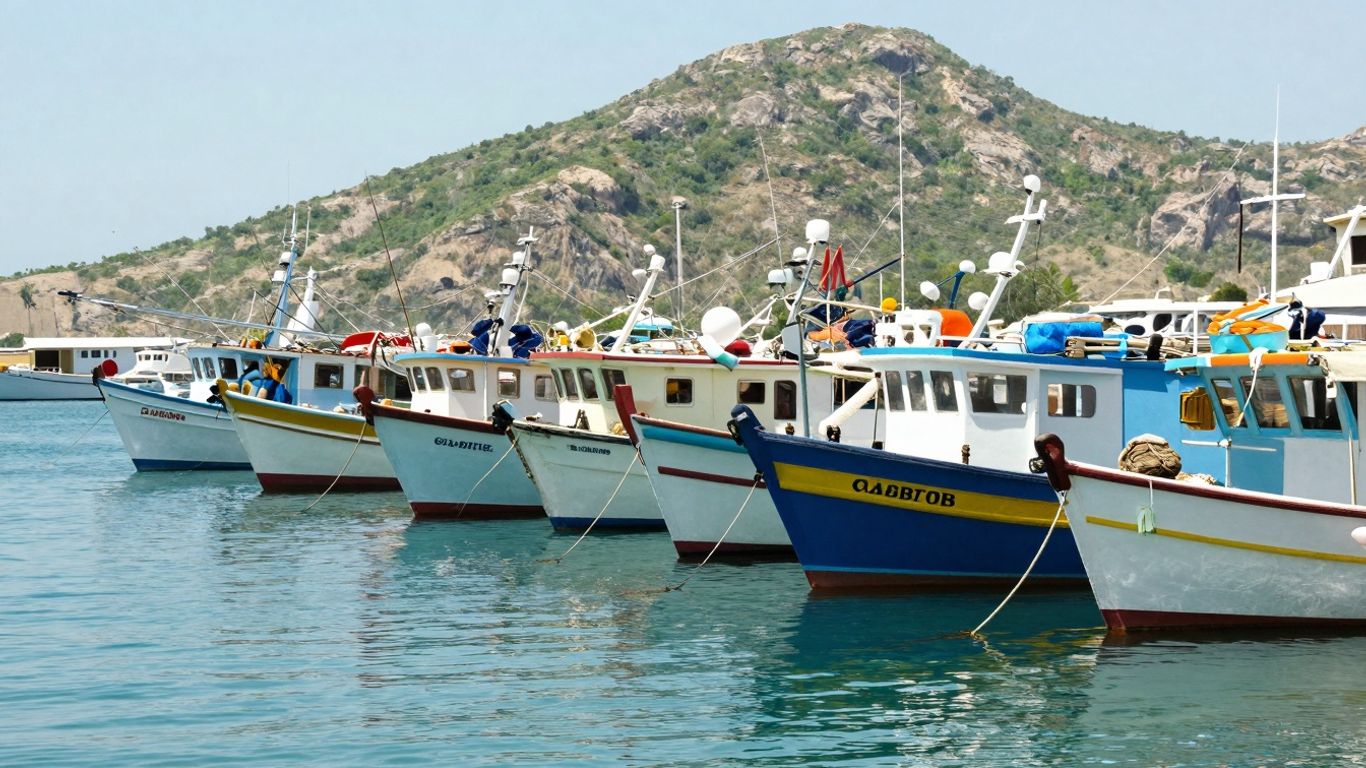 Mid-range fishing boats docked in Cabo harbor.