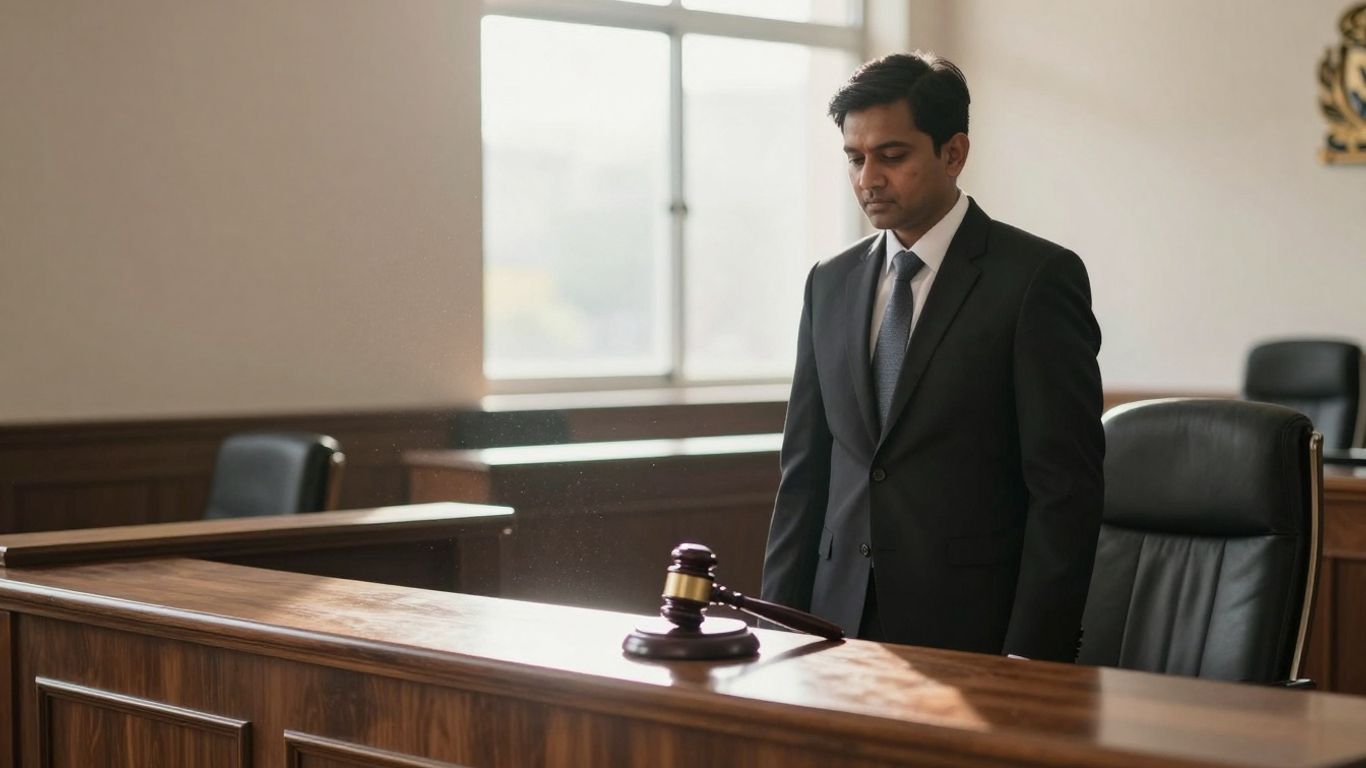 Lawyer in courtroom near judge's bench.