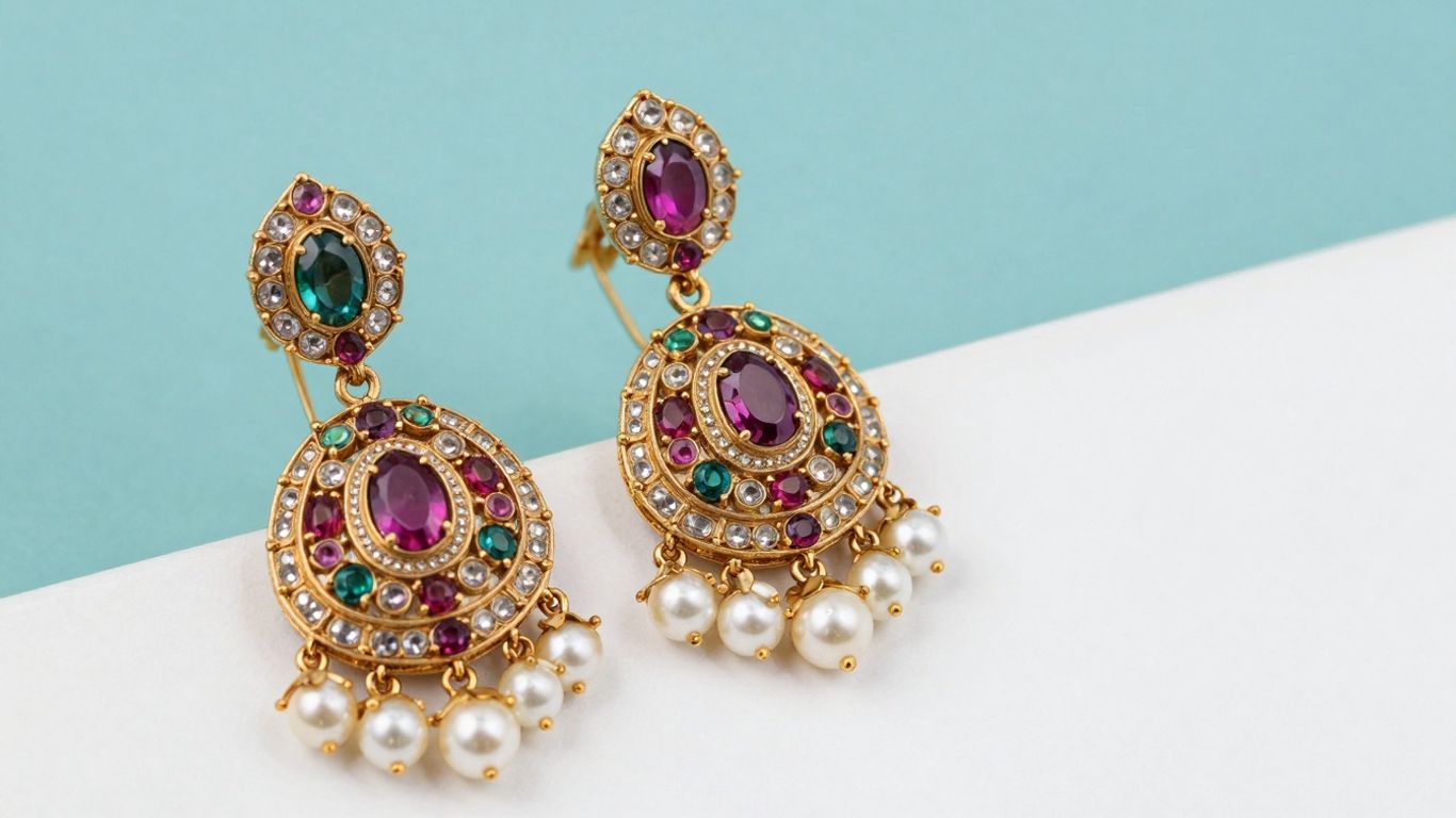 Elegant Kundan earrings with gemstones and pearls.