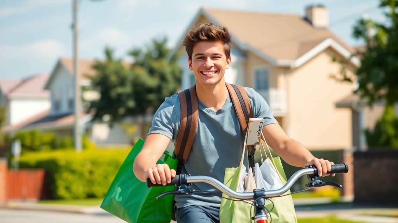 Teenager running errands on a bicycle.