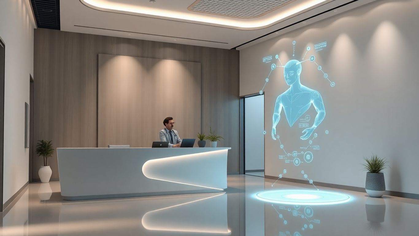AI receptionist assisting a patient in a modern clinic.