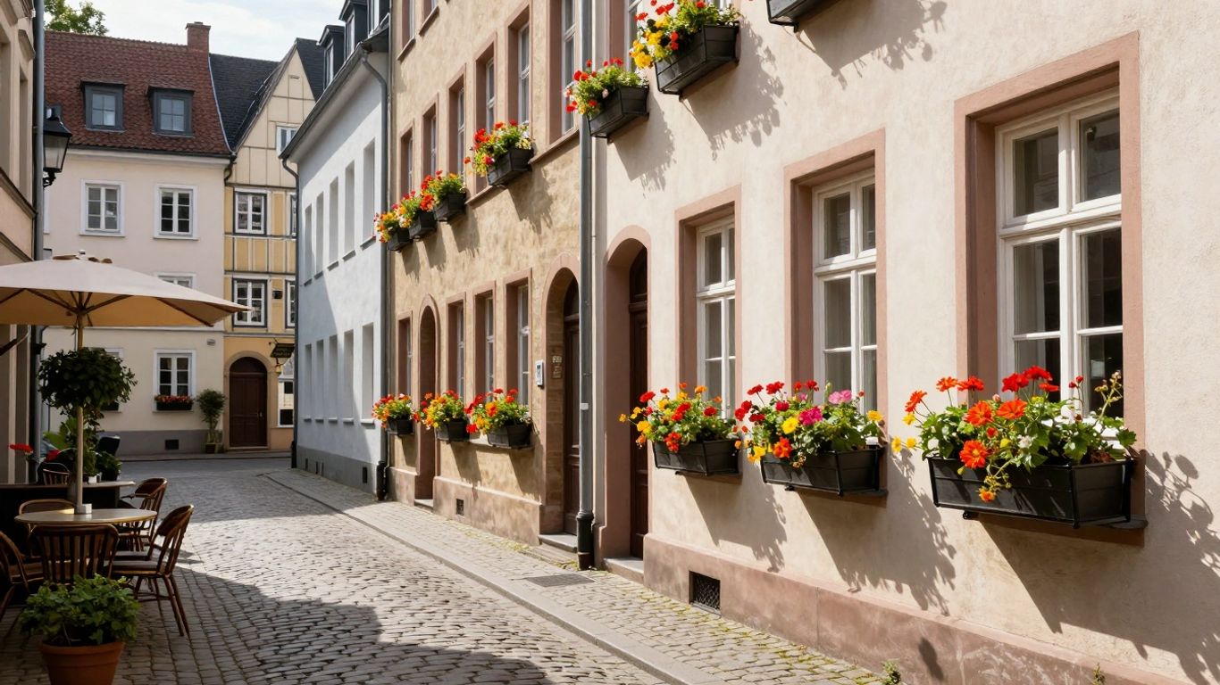 Versteckte Gasse in Düsseldorf mit Blumen und Cafés.