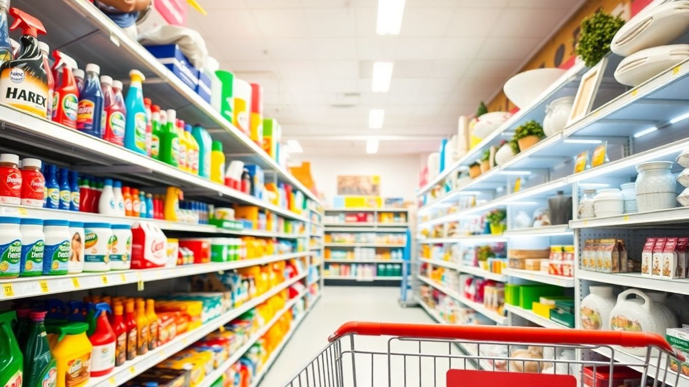 Allée du magasin Action Belgique avec des essentiels pour la maison.