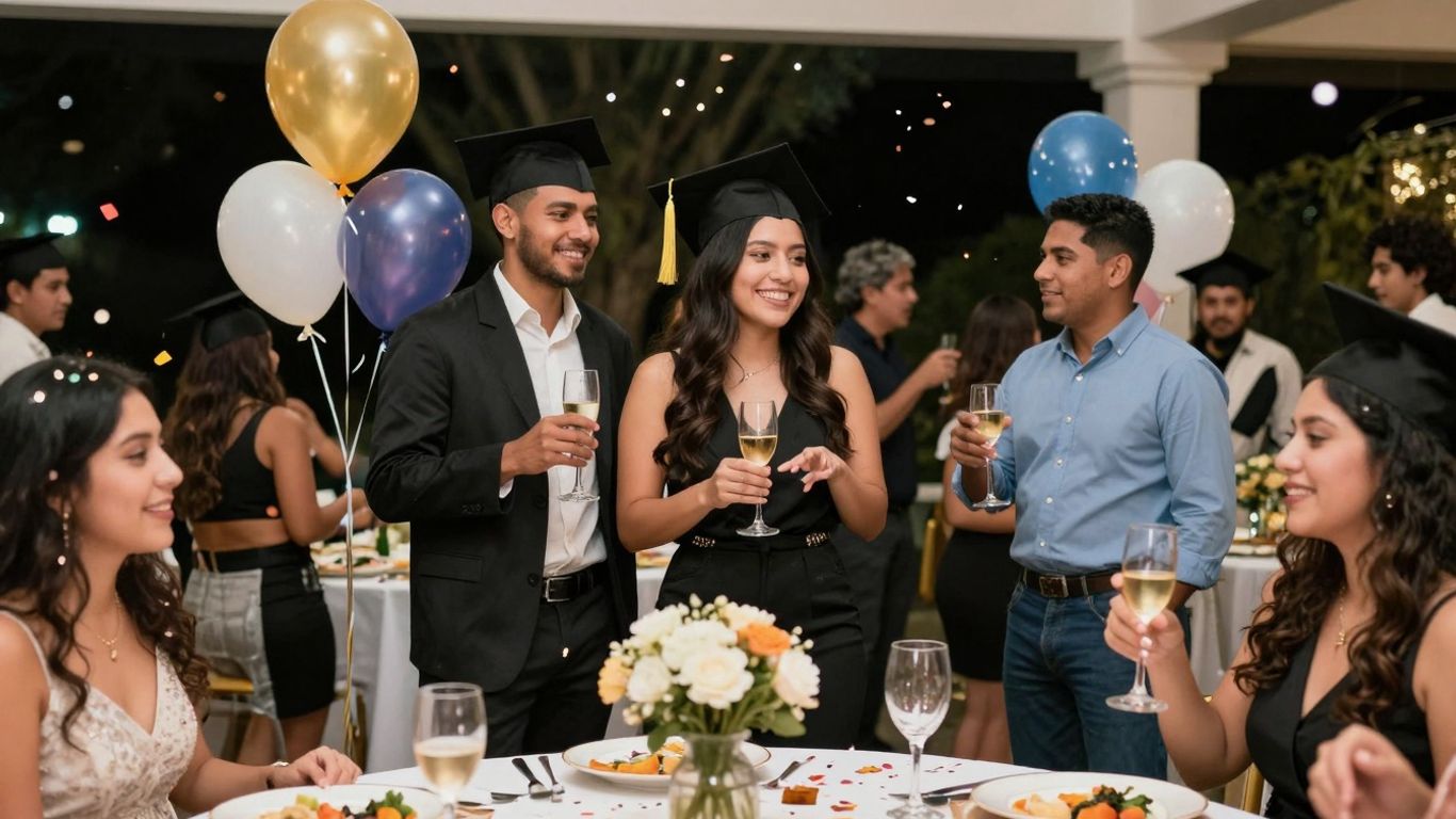 Graduation party venue with guests and festive decor.