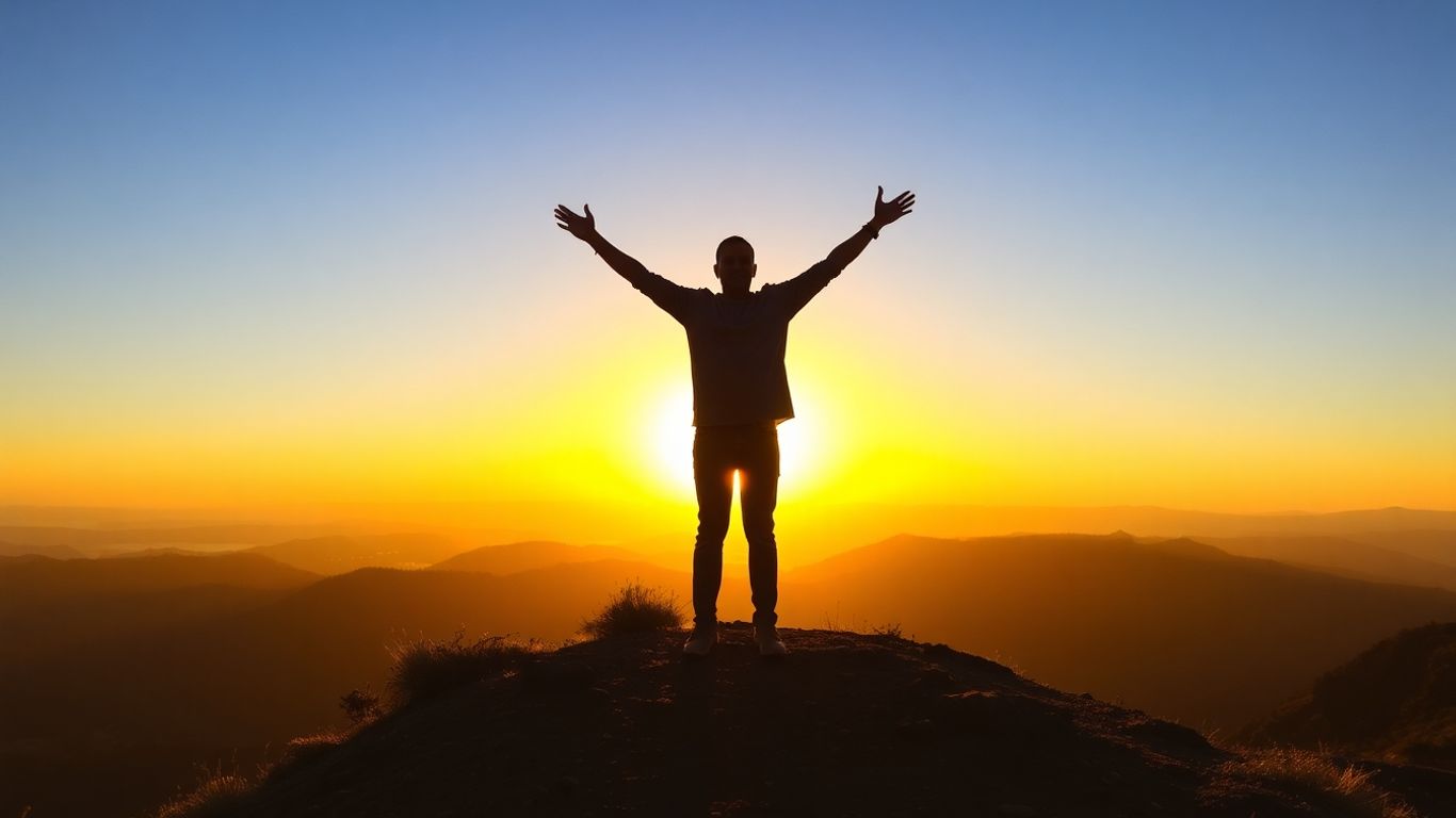 Person celebrating success on a mountaintop at sunrise.