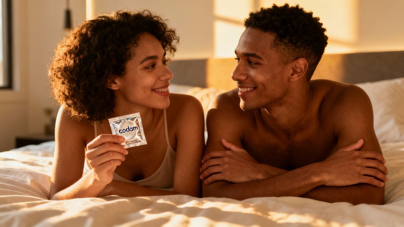 Couple in bedroom discussing safer sex