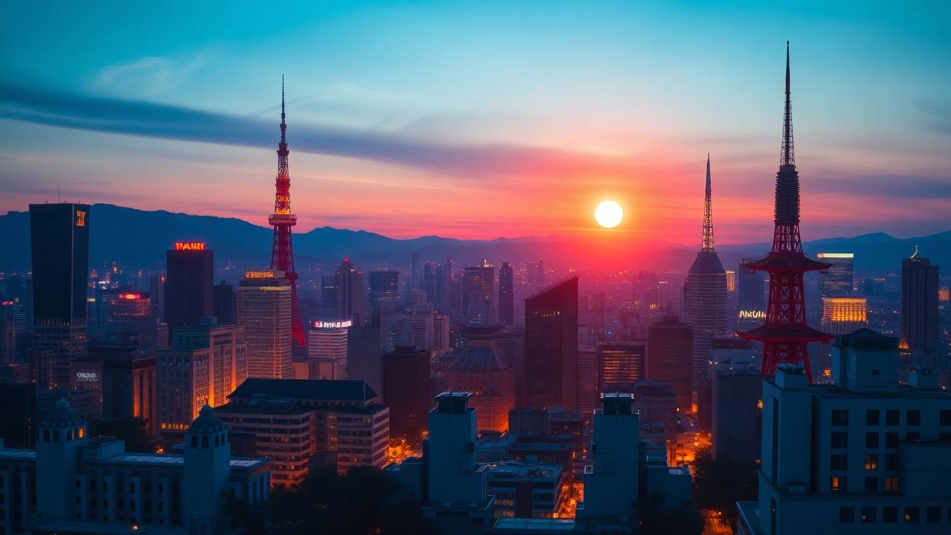 Japanese cityscape with subtle digital currency elements.