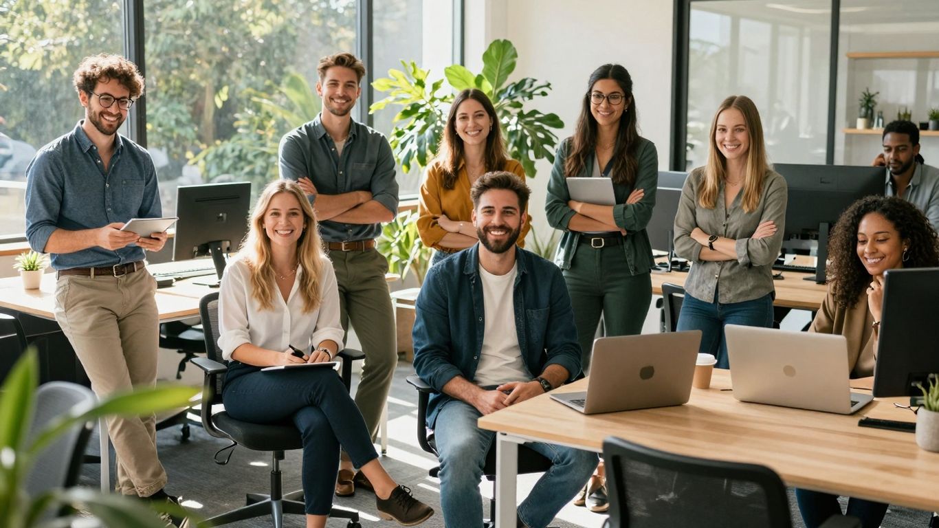 Australians working together in a healthy, modern workplace.