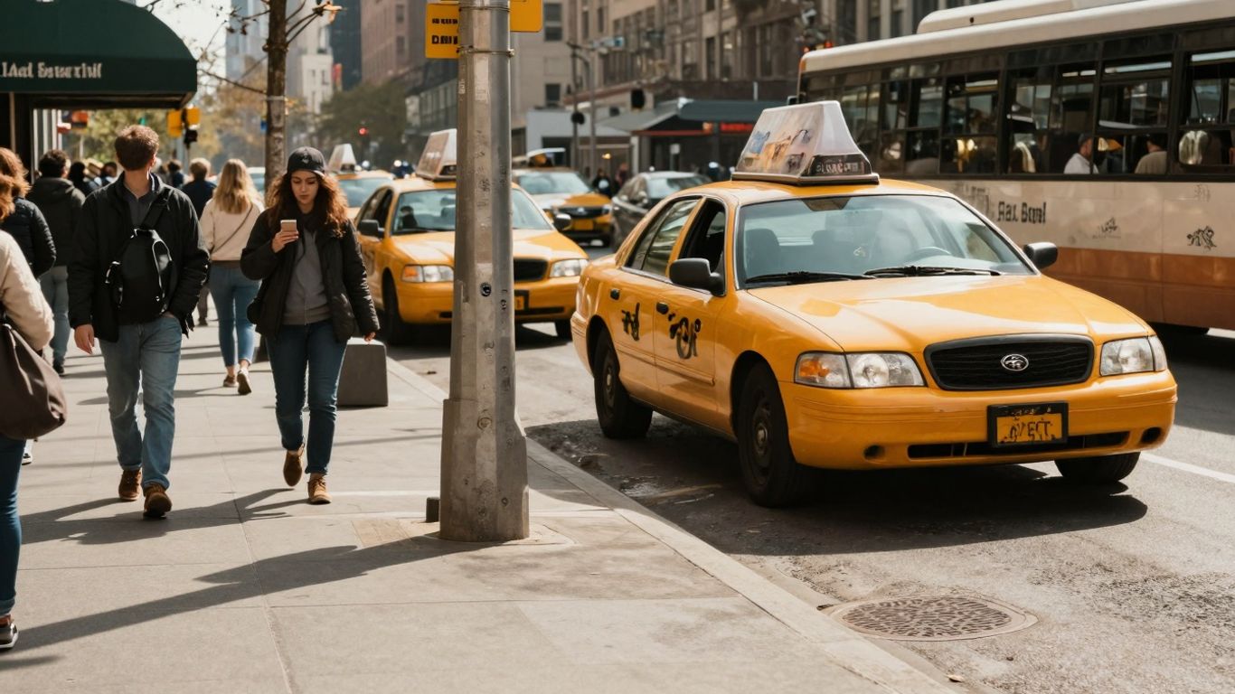 Taksówka i ludzie na ulicy miasta.