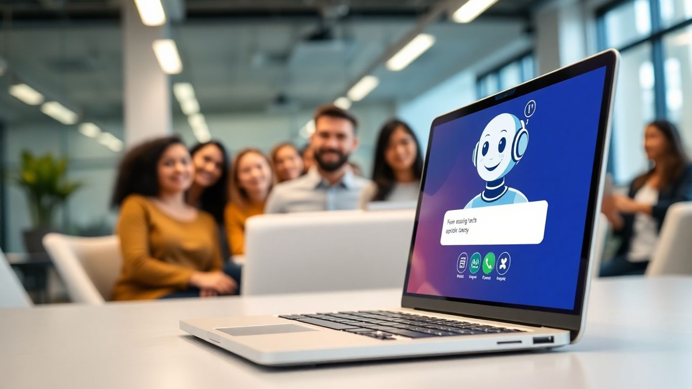 Chatbot atendiendo clientes en una oficina moderna.