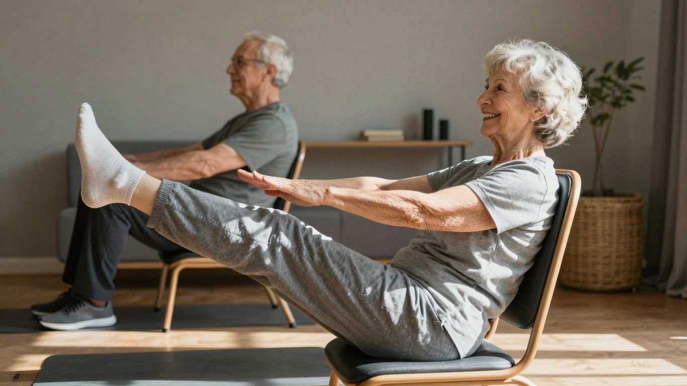 Senior exercising in a chair, targeting belly fat.